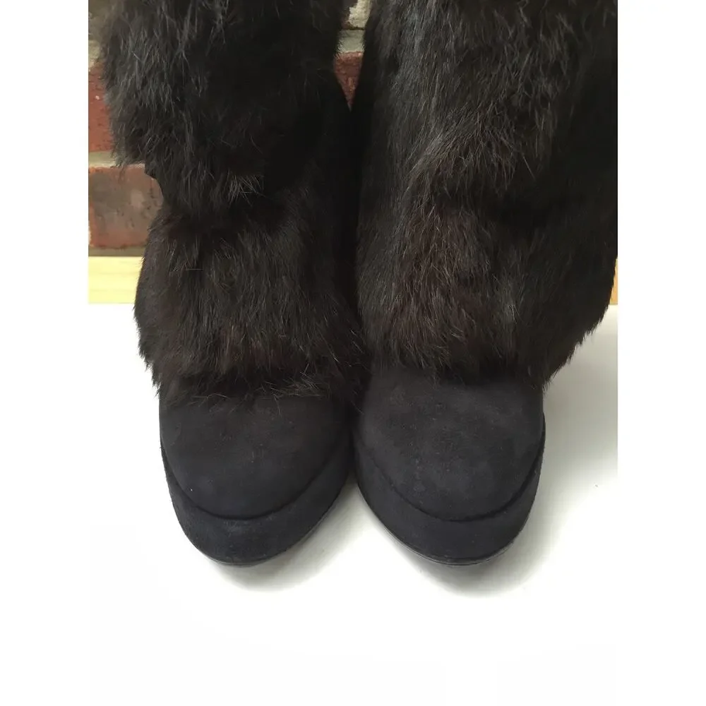 OPENING CEREMONY 2 In 1 Black Suede Fur Buckle Wedge Tall Ankle Boots 37 6.5